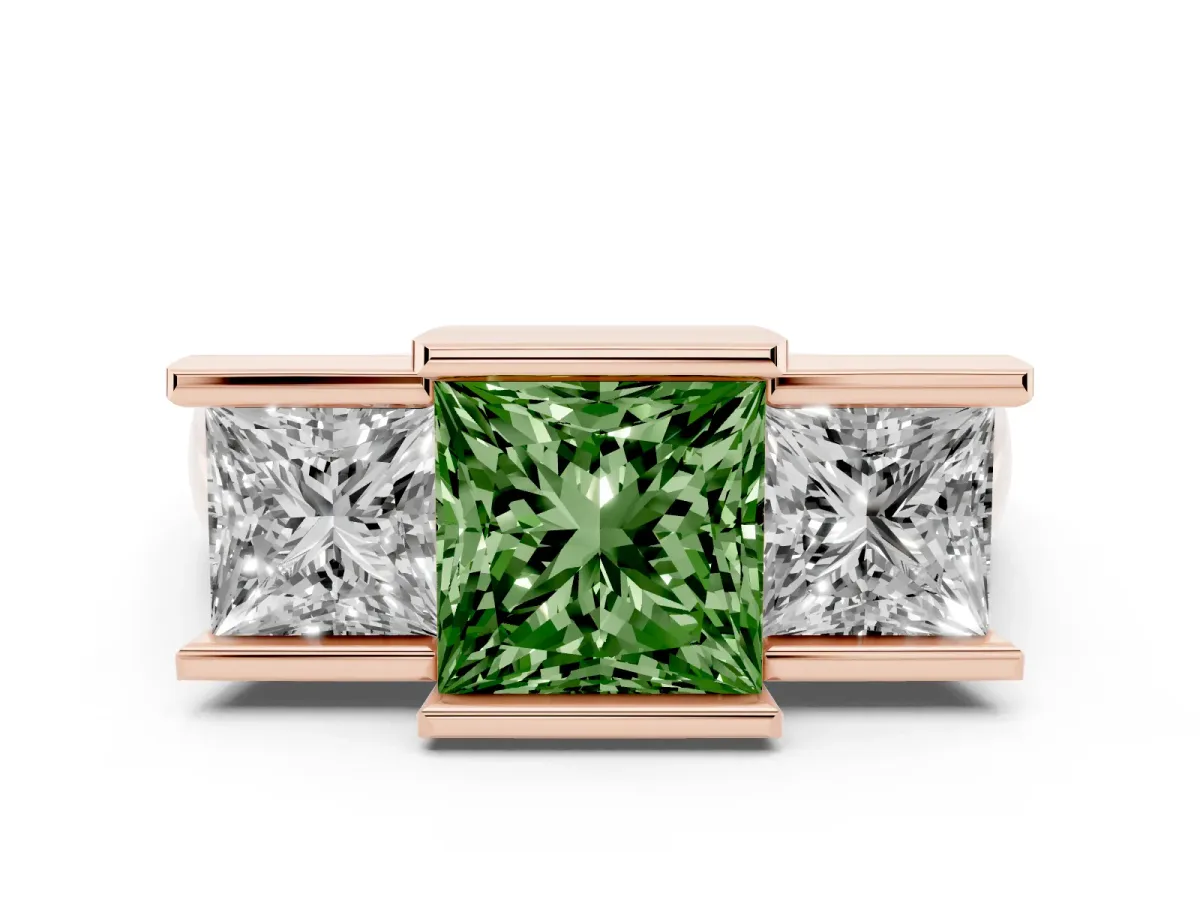 Fancy Green Three Stone Princess Cut Cut Channel Set Diamond Ring Rose gold