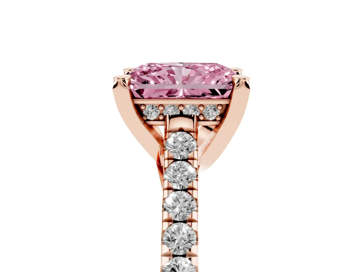 Fancy Pink Radiant Cut Brilliant Diamond Solitaire with Pavé Band and Four-Prong Setting Rose gold