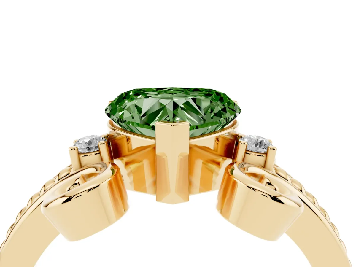 Fancy Green Heart Cut Solitaire Twisted Band Scroll Prong Ring Yellow gold