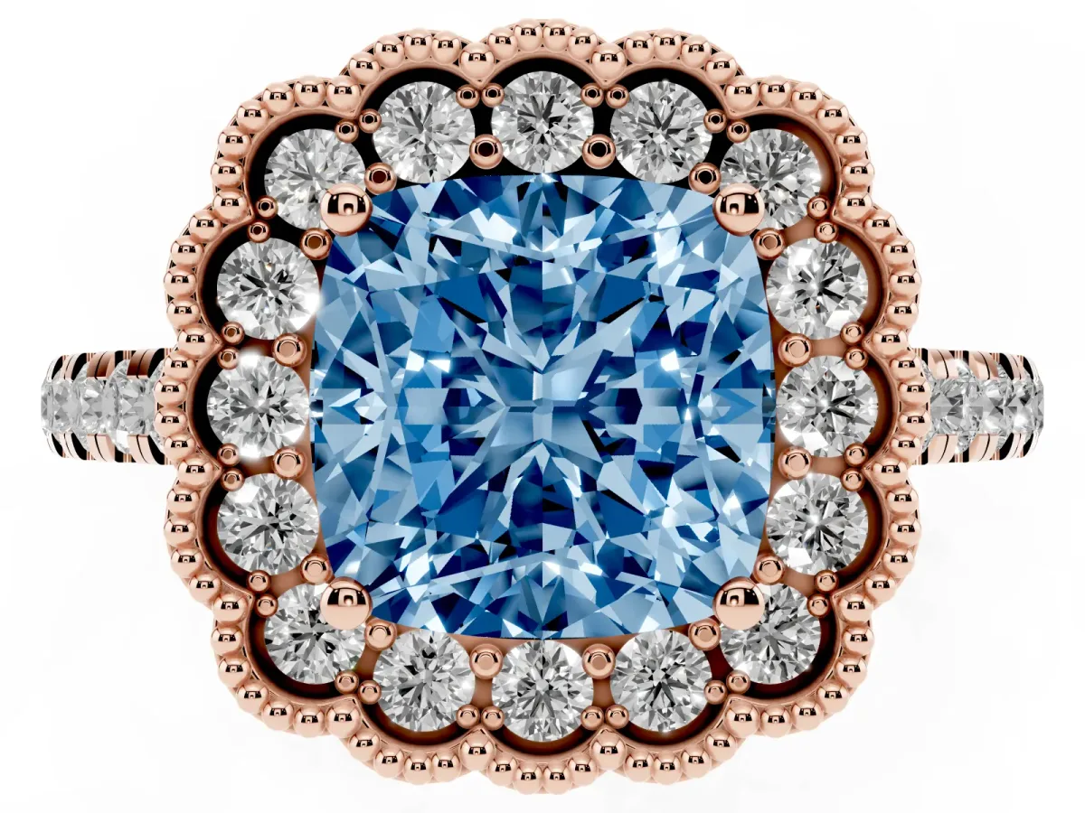 Fancy Blue Cushion Cut Cut Diamond Milgrain Floral Halo Engagement Ring with Pavé Band Rose gold