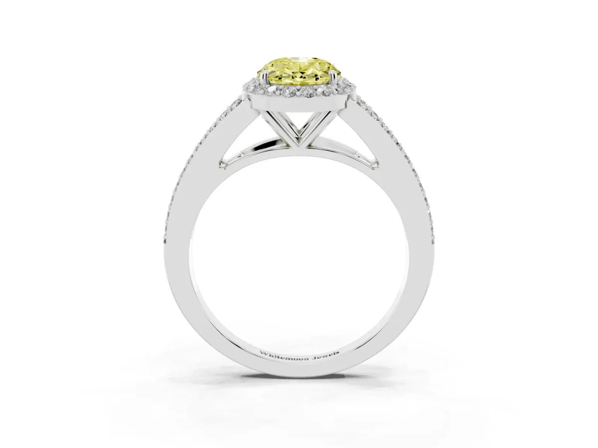Fancy Yellow Oval Cut Halo Split Shank Pave Diamond Ring with Four-Prong Setting Platinum