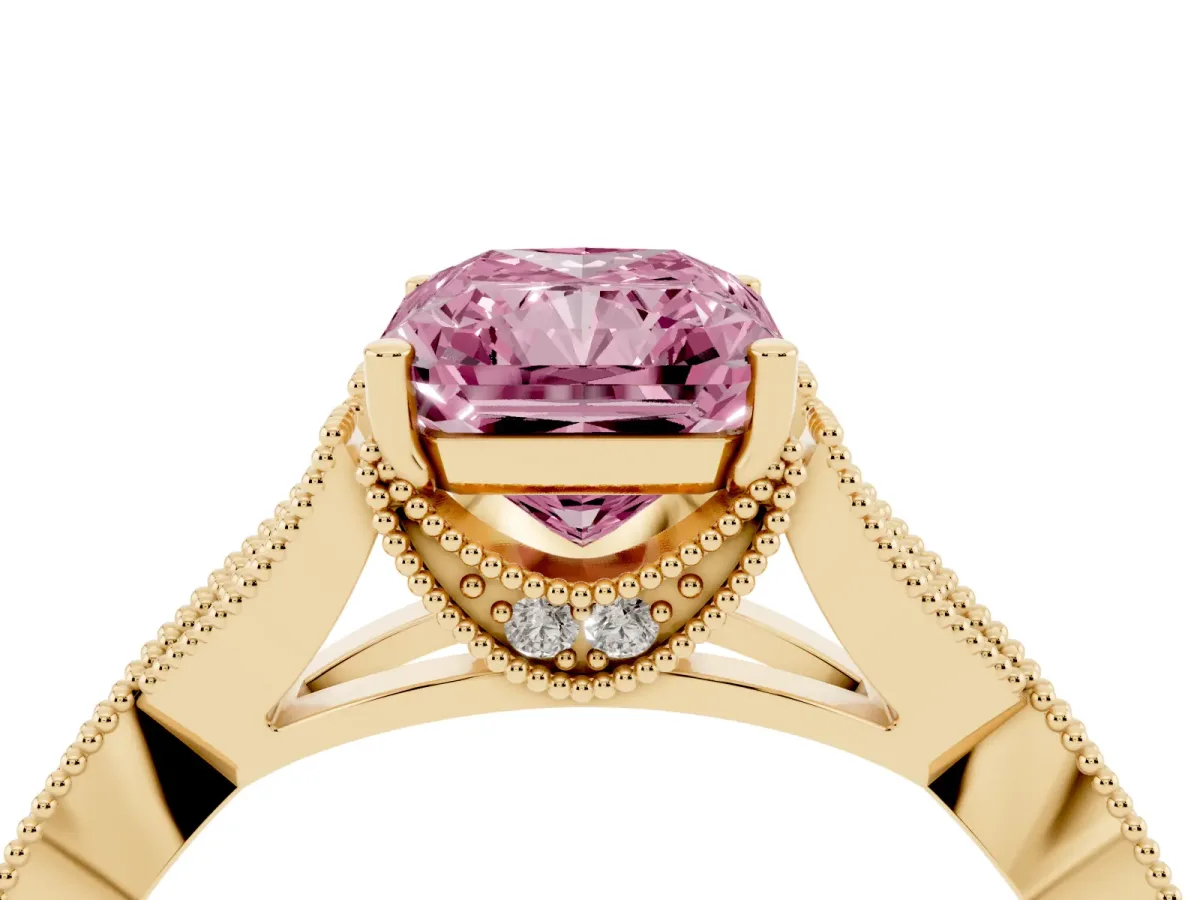 Fancy Pink Radiant Cut Cut Diamond Twisted Band with Milgrain Pave Setting and Four-Prong Setting Yellow gold