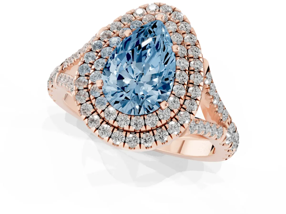 Fancy Blue Pear Cut Diamond Pavé Split Shank Double Halo Engagement Ring Rose gold