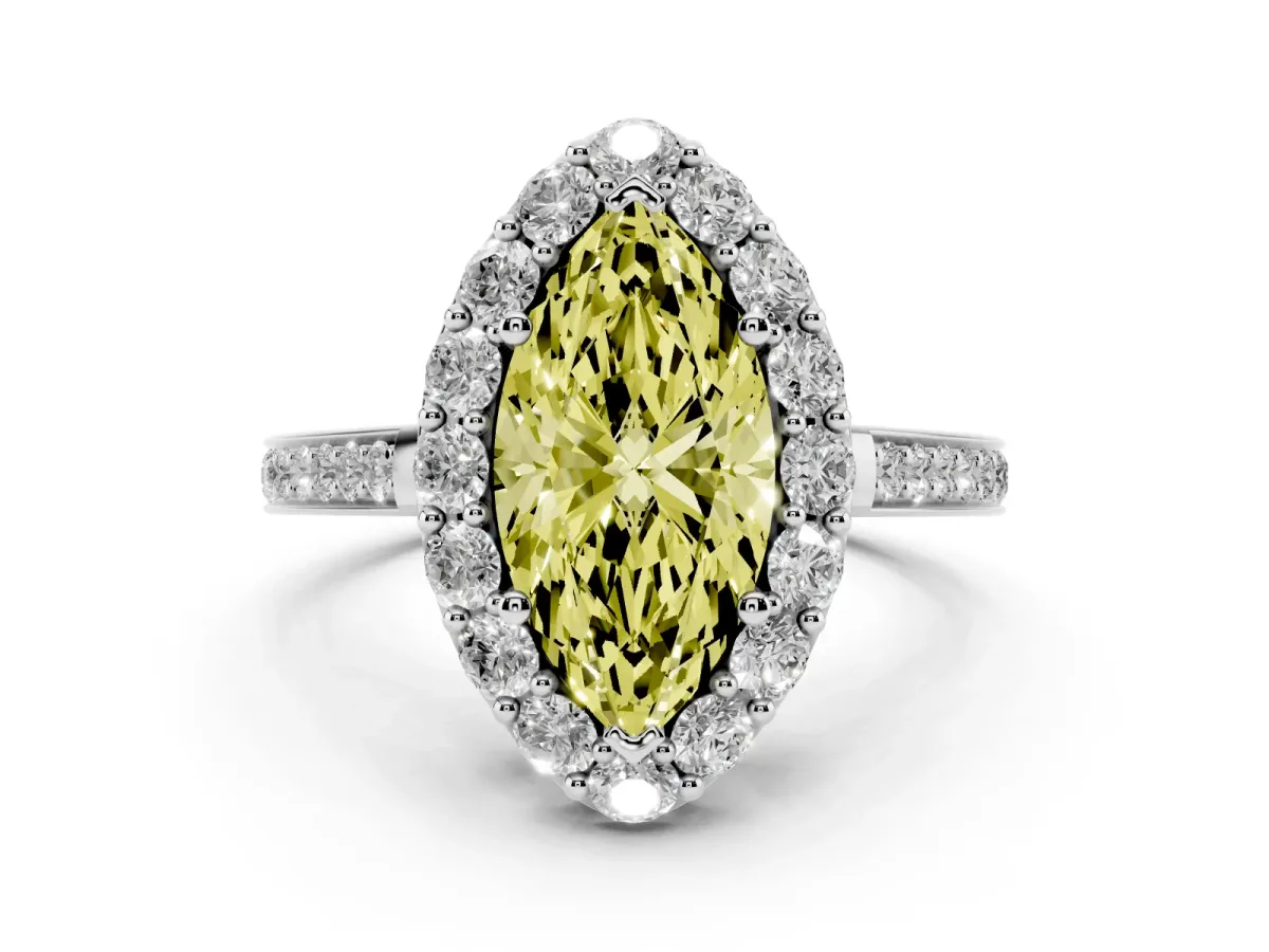 Fancy Yellow Marquise Cut Diamond Floral Halo Ring with Pavé Band and Prong Setting Platinum
