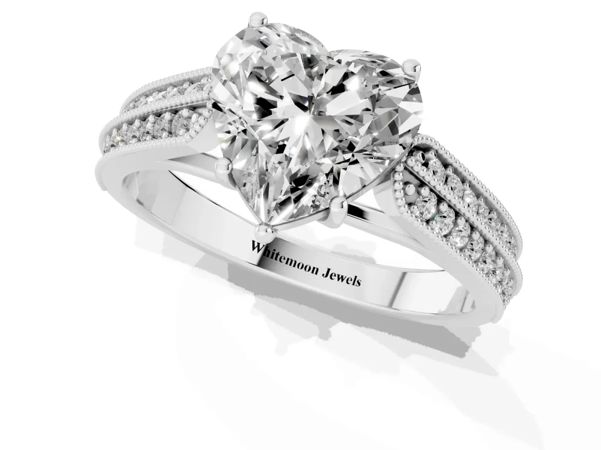 Heart Cut Cut Pave Split Shank Engagement Ring with Four-Prong Setting Silver