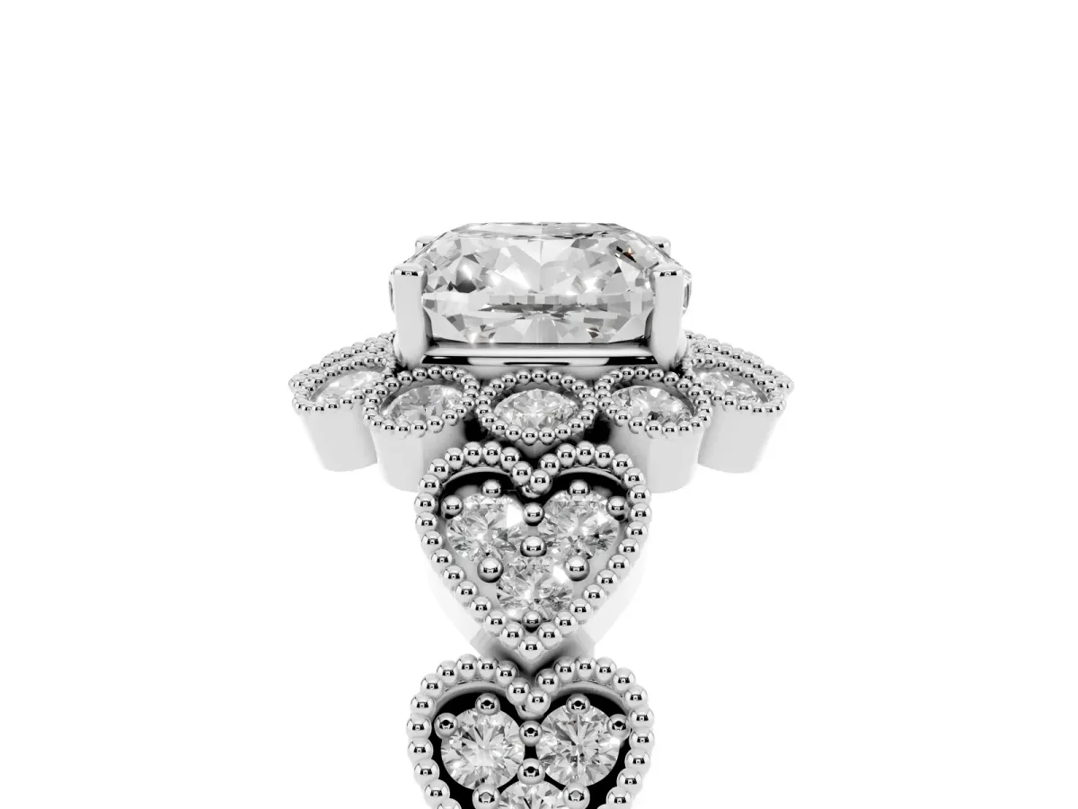Cushion Cut Brilliant Milgrain Pave Heart Band Solitaire Ring Silver