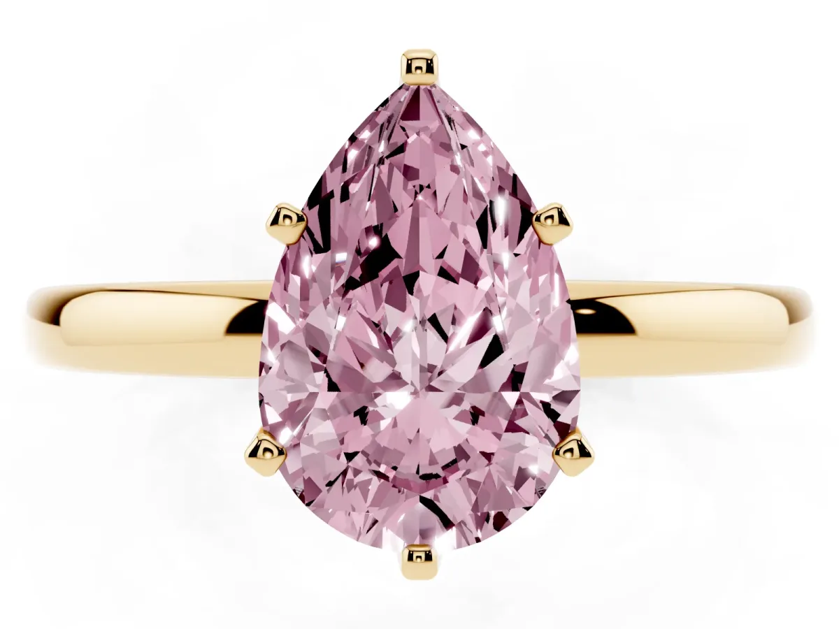 Fancy Pink Pear Cut Solitaire Diamond Ring with Six-Prong Setting on a Classic Band Yellow gold
