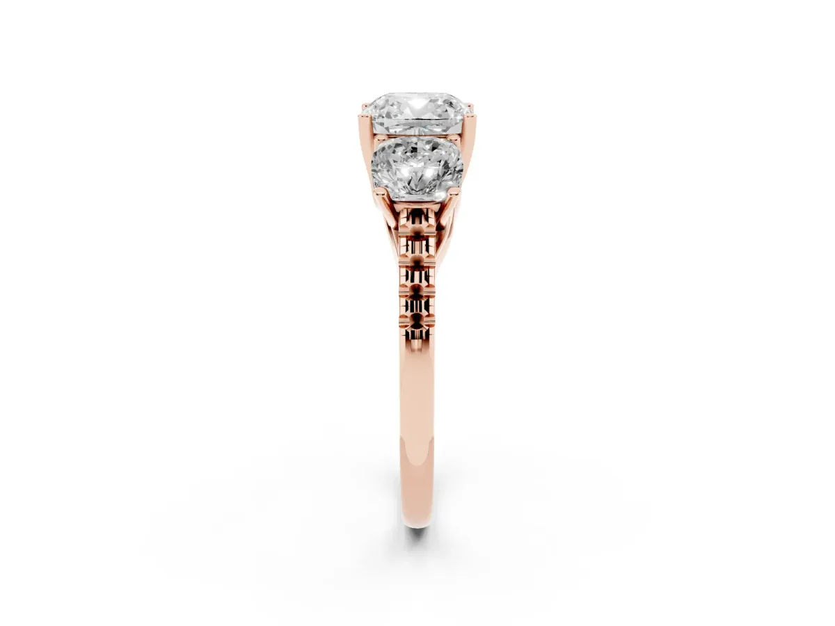 Three-Stone Cushion Cut Diamond Ring with Round Pavé Band and Prong Setting Rose gold
