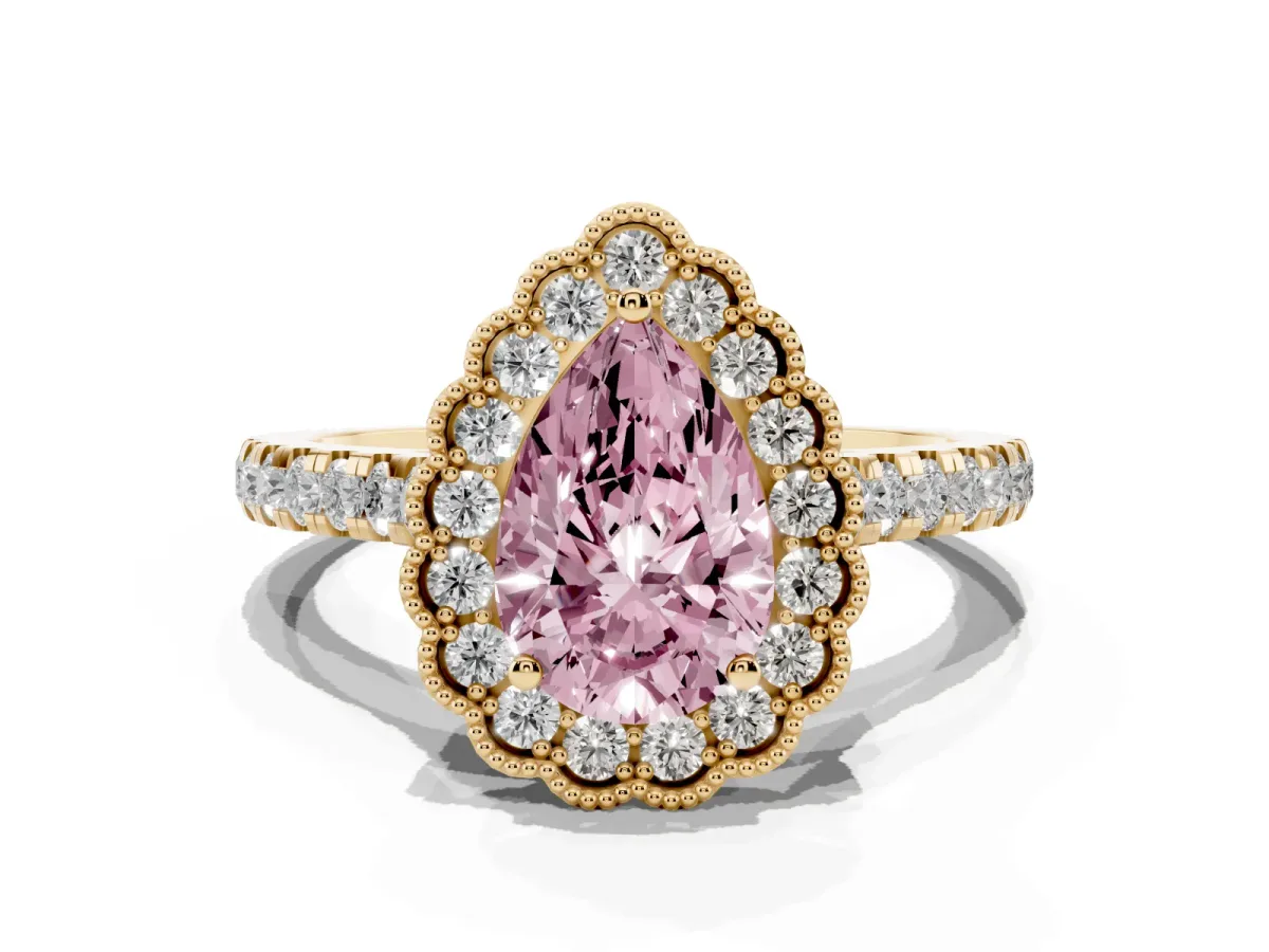Fancy Pink Pear Cut Cut Diamond Milgrain Floral Halo Engagement Ring with Pavé Band Yellow gold