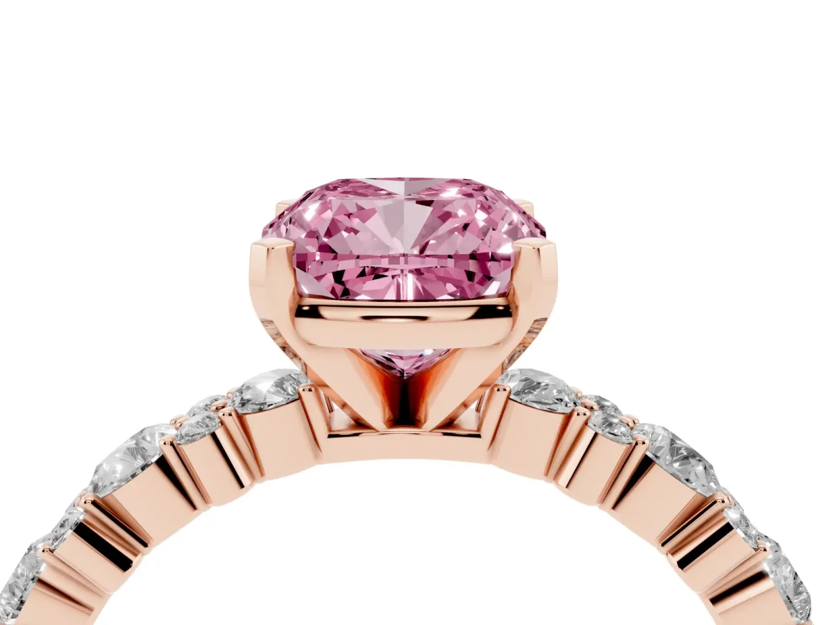 Fancy Pink Cushion Cut Diamond Side Stone Solitaire Ring with Round and Four-Prong Setting Rose gold