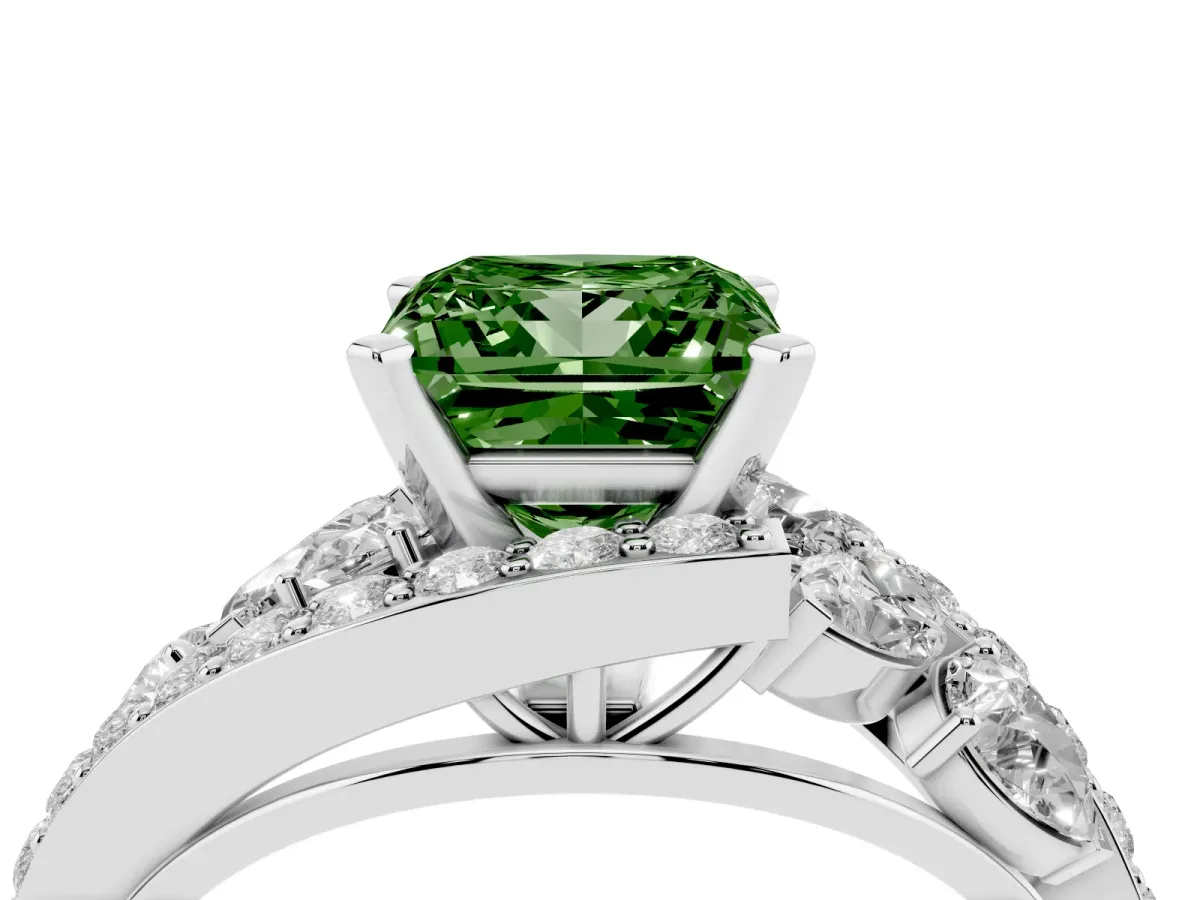 Fancy Green Princess Cut Diamond Halo Ring with Marquise and Pavé Band in Prong Setting Silver