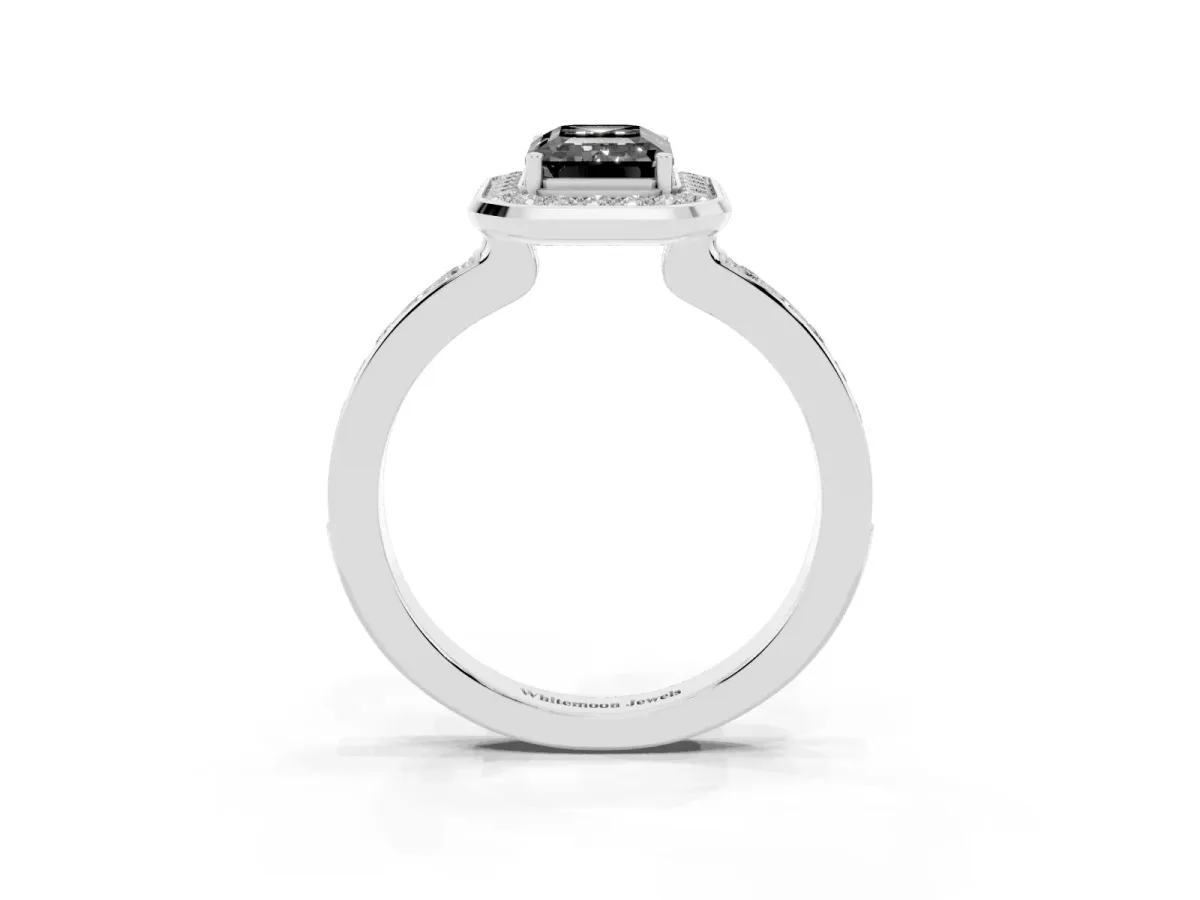 Fancy Black Emerald Cut Diamond Halo Ring with Bezel Frame and Pavé Band Silver