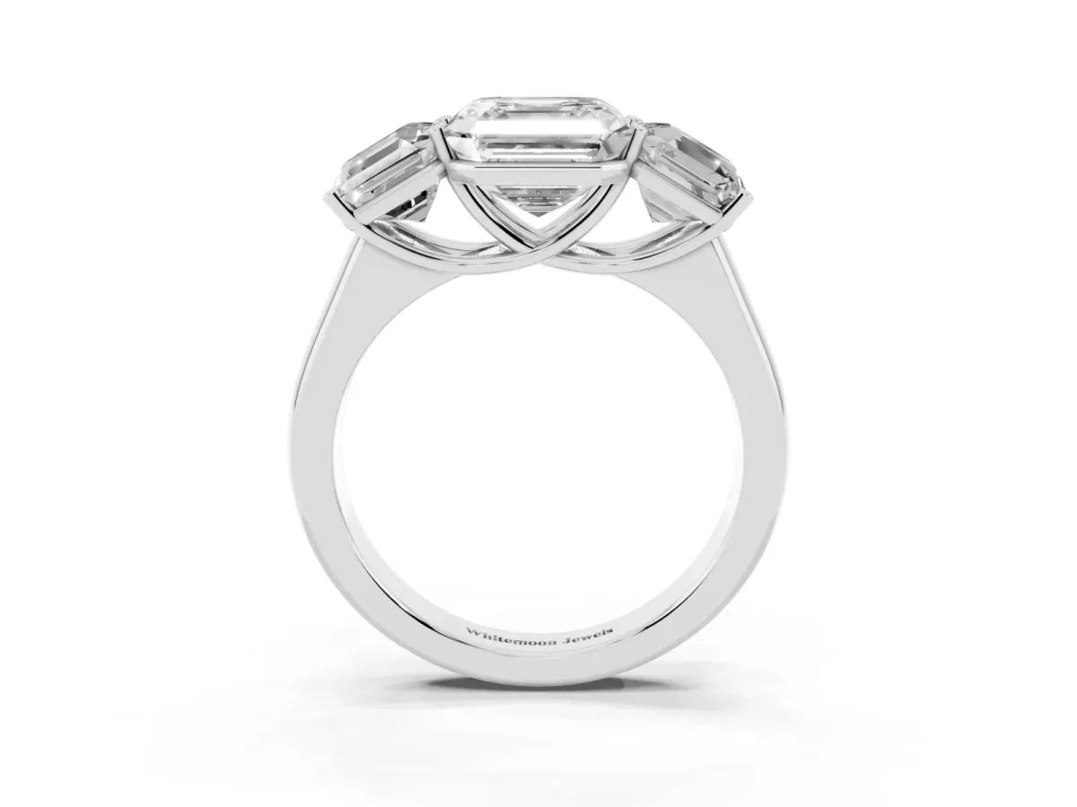 Asscher Cut Three-Stone Diamond Ring with Prong Setting on a Classic Band Platinum