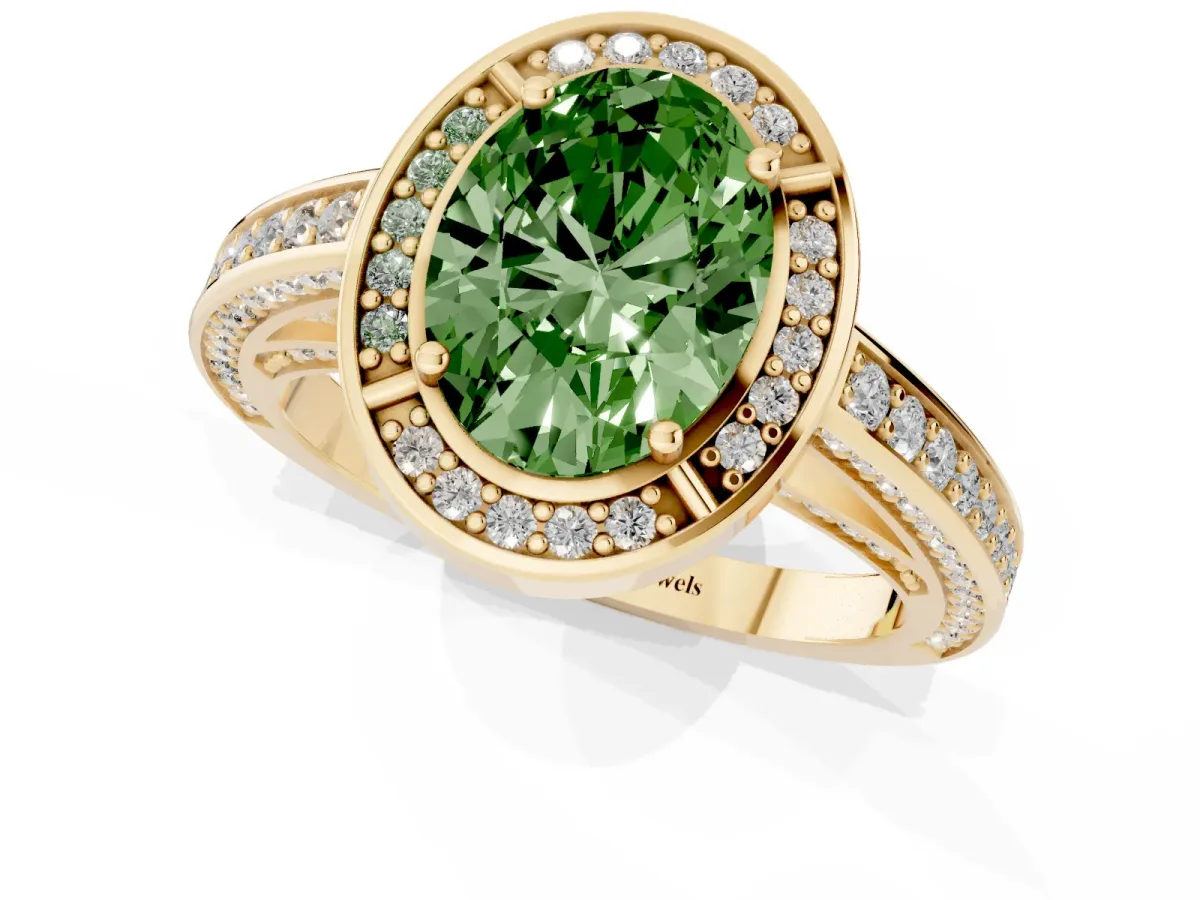 Fancy Green Oval Cut Cut Halo Pave Split Shank Prong Setting Ring Yellow gold