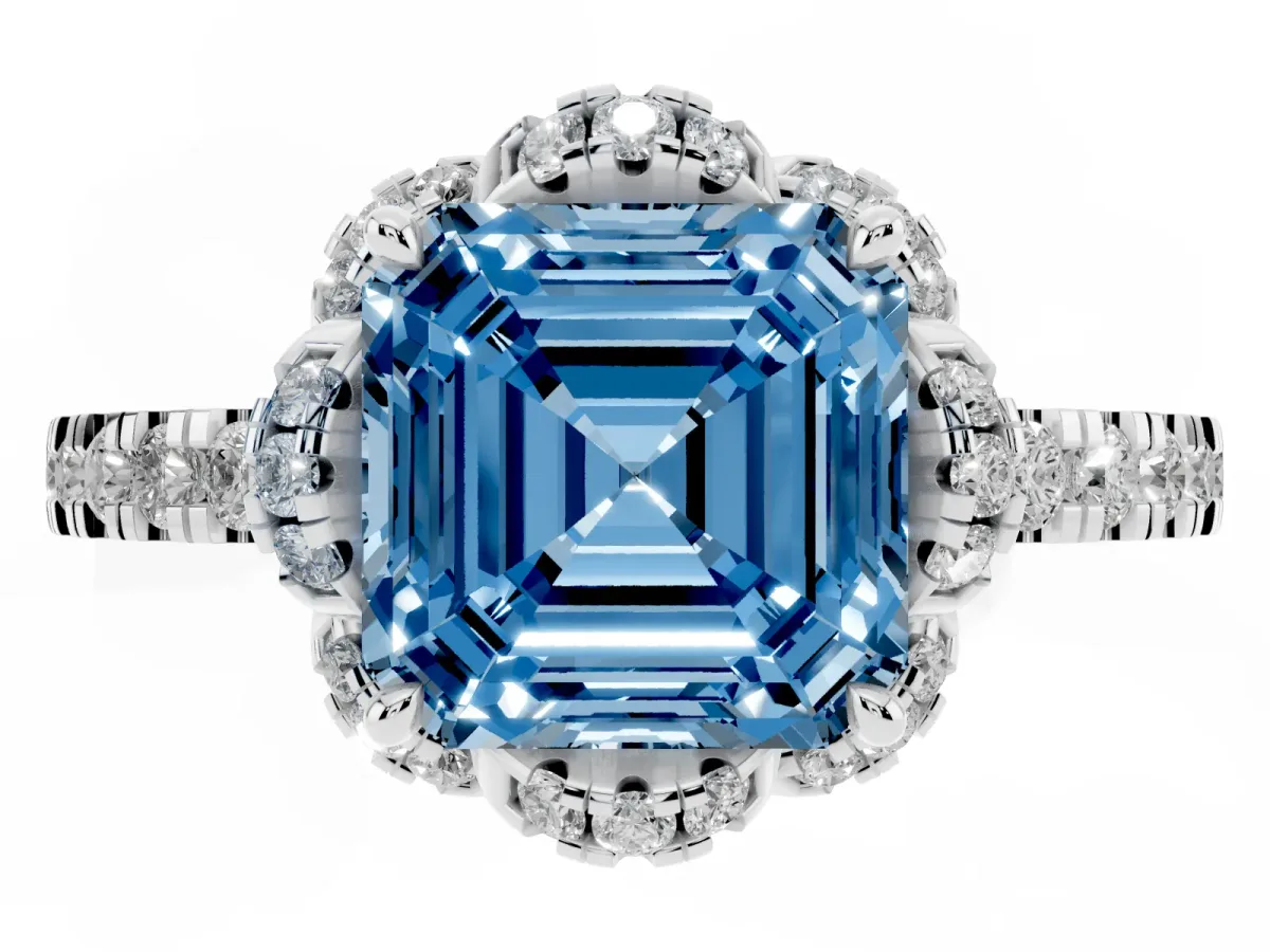 Fancy Blue Asscher Cut Halo Diamond Pave Band Ring with Four-Prong Setting Silver