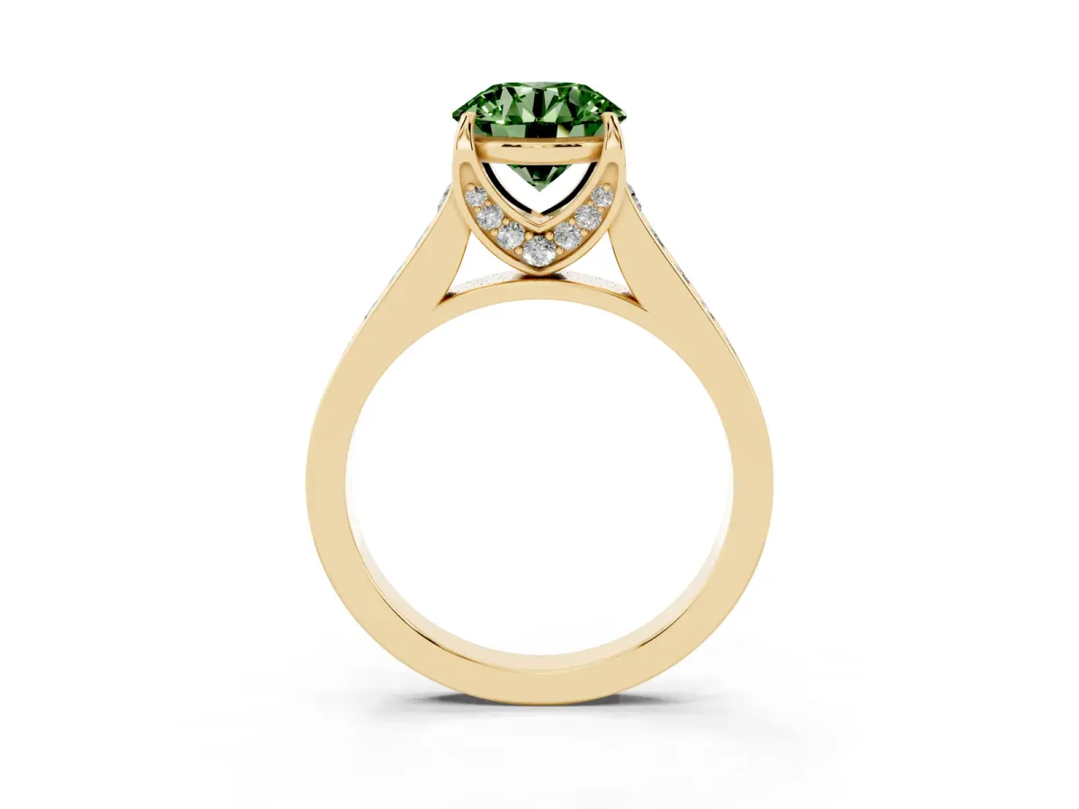 Fancy Green Round Cut Brilliant Cut Diamond Engagement Ring with Pavé Band and Four-Prong Setting Yellow gold