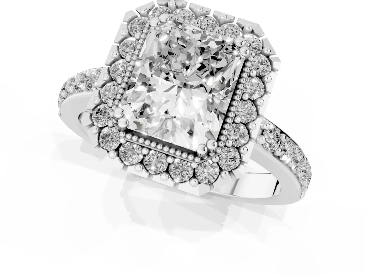 Radiant Cut Diamond Halo Ring with Pavé Band and Prong Setting Platinum