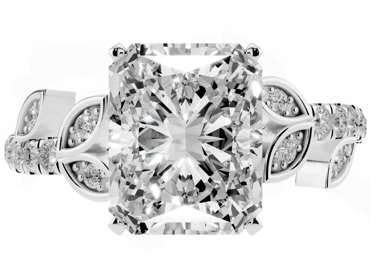 Radiant Cut Solitaire Leaf-Inspired Diamond Ring with Pavé Band and Four-Prong Setting Silver