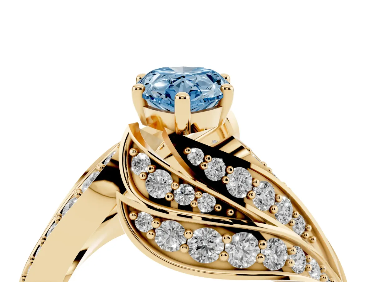 Fancy Blue Pear Cut Diamond Solitaire Ring with Prong Setting and Twisted Pavé Band Yellow gold