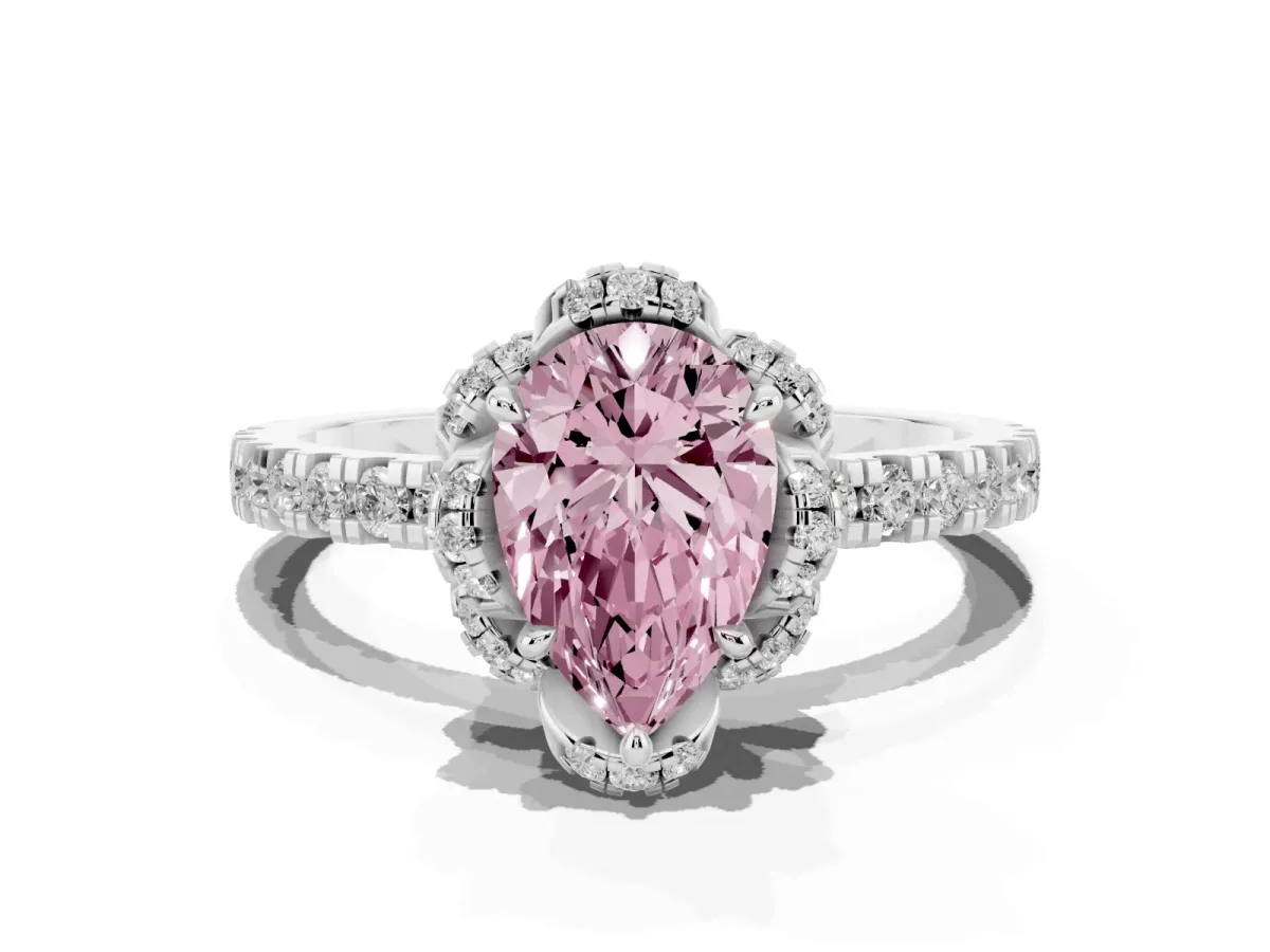 Fancy Pink Pear Cut Diamond Halo Pave Band with Four-Prong Setting Silver