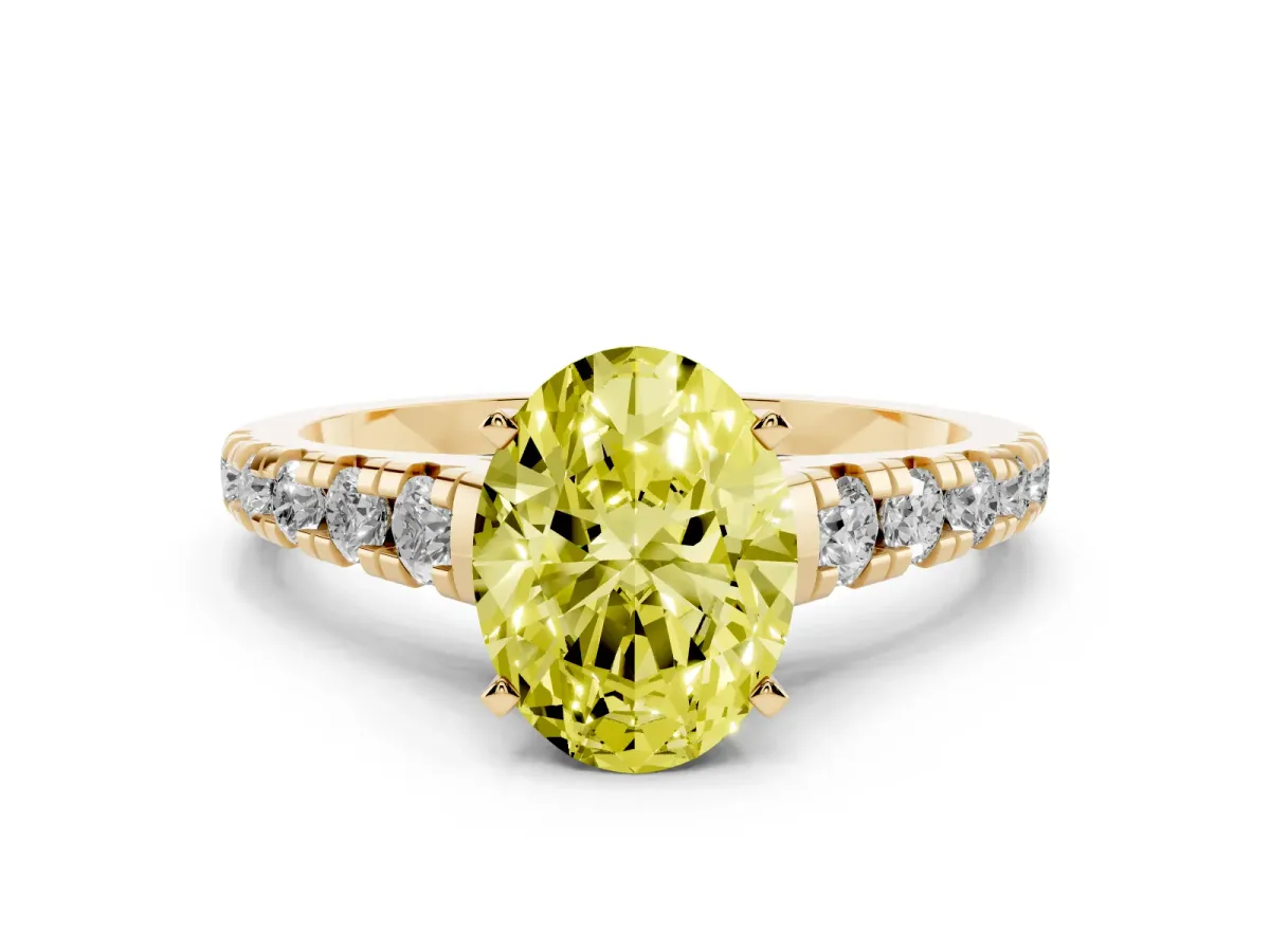 Fancy Yellow Oval Cut Diamond Cathedral Solitaire Ring with Round Pavé Band Yellow gold
