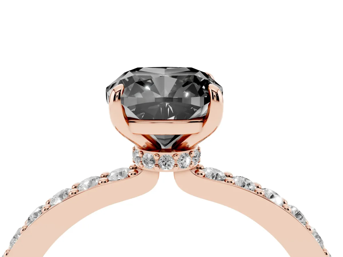 Fancy Black Cushion Cut Diamond Pavé Engagement Ring with Round Accents and Prong Setting Rose gold