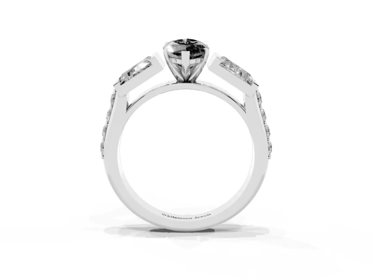 Fancy Black Marquise Cut Diamond Engagement Ring with Baguette Side Stones and Channel Set Band Silver