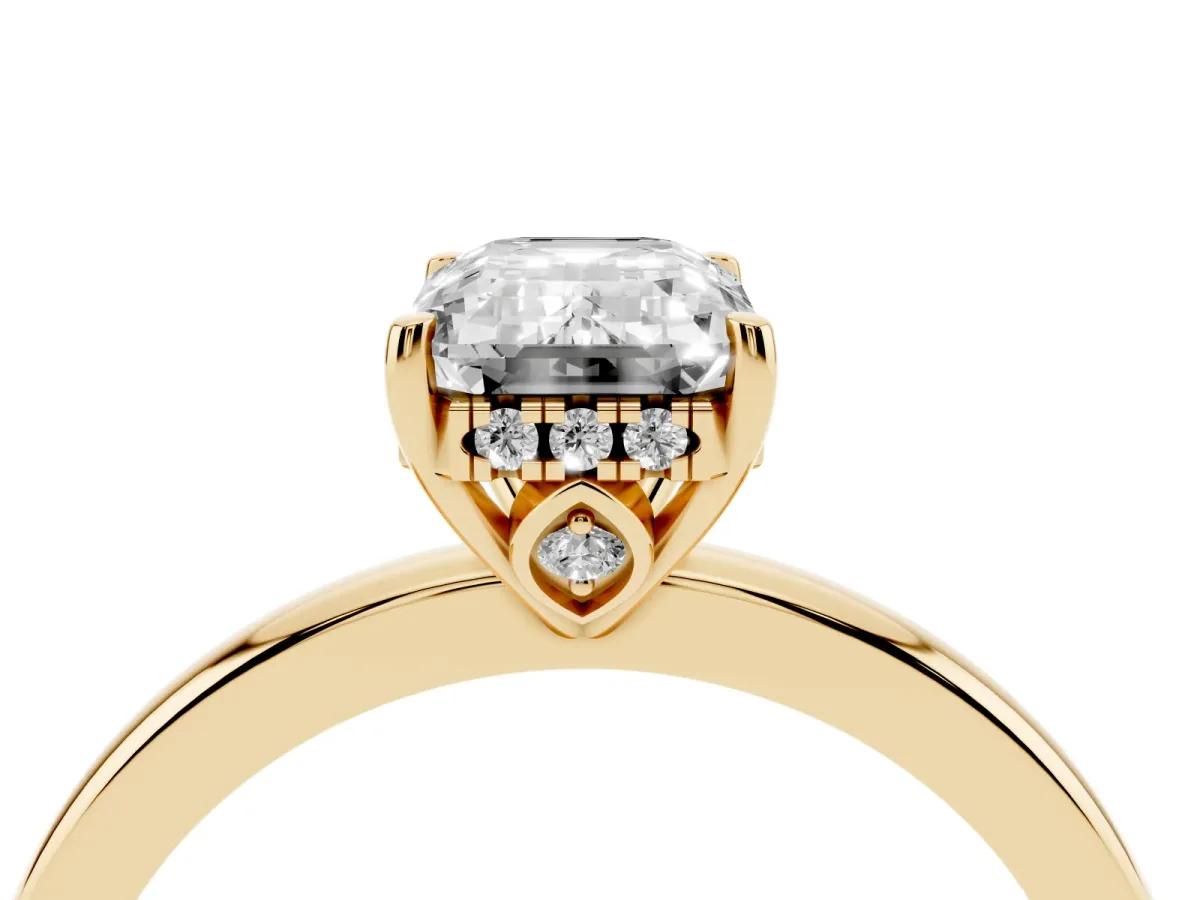 Emerald Cut Solitaire Diamond Ring with Prong Setting and Plain Band Yellow gold