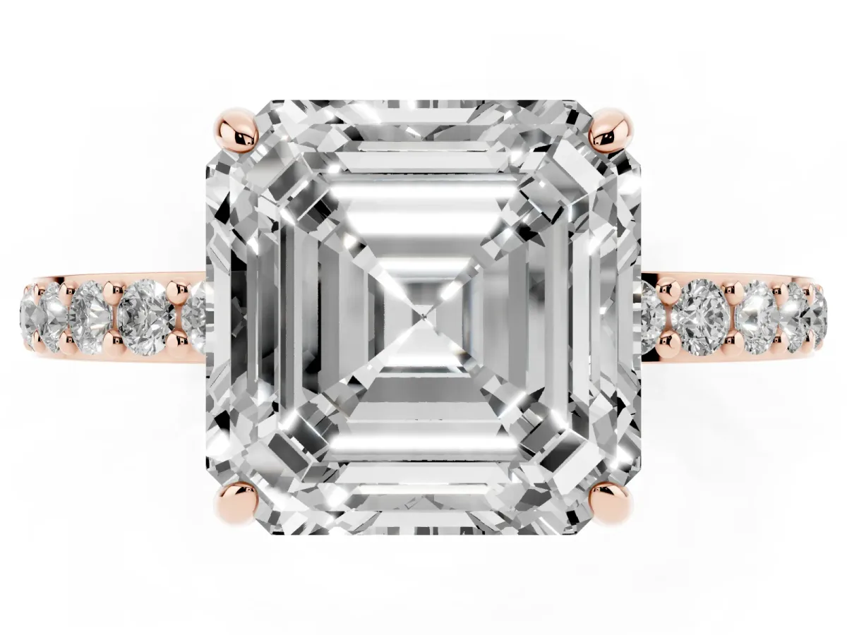 Asscher Cut Diamond Pavé Engagement Ring with Round Accents and Prong Setting Rose gold