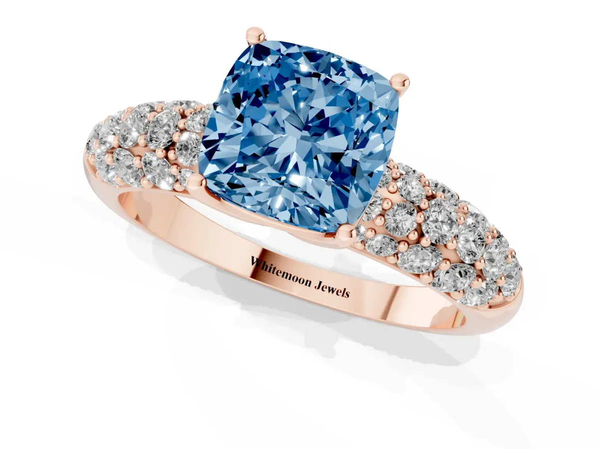 Fancy Blue Cushion Cut Diamond Pavé Band Solitaire Ring with Four-Prong Setting Rose gold