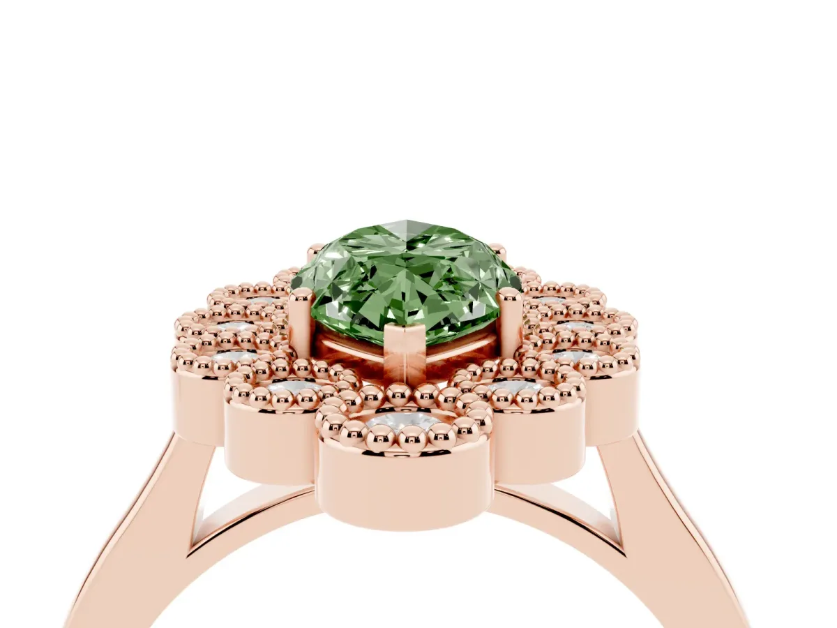 Fancy Green Marquise Cut Halo Diamond Cluster Engagement Ring with Milgrain Bezel Setting and Solitaire Band Rose gold