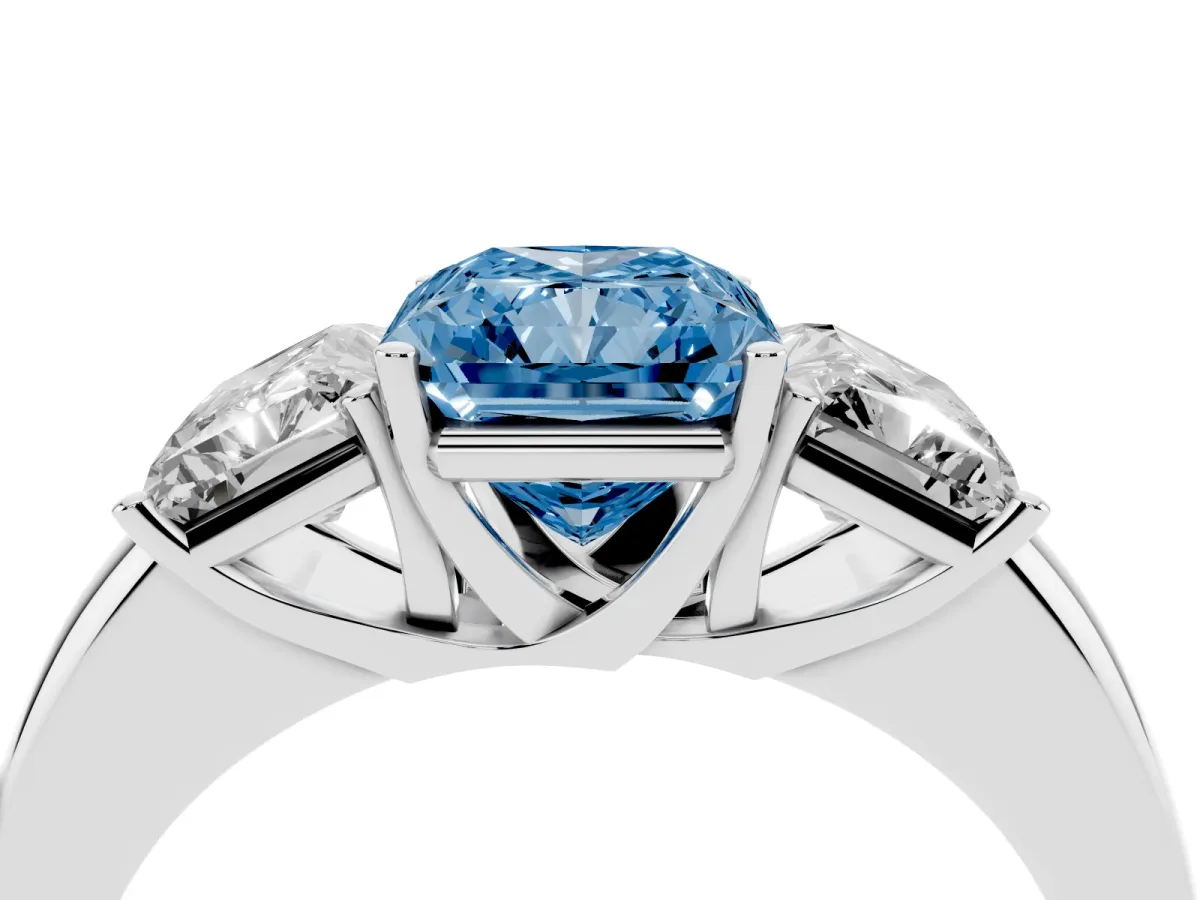 Fancy Blue Radiant Cut Diamond Three-Stone Ring with Four-Prong Setting and Classic Band Silver