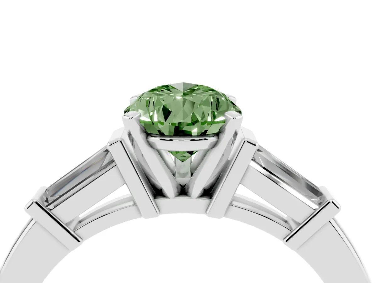 Fancy Green Pear Cut Cut Diamond Solitaire Ring with Tapered Baguette Accents and Four-Prong Setting Silver