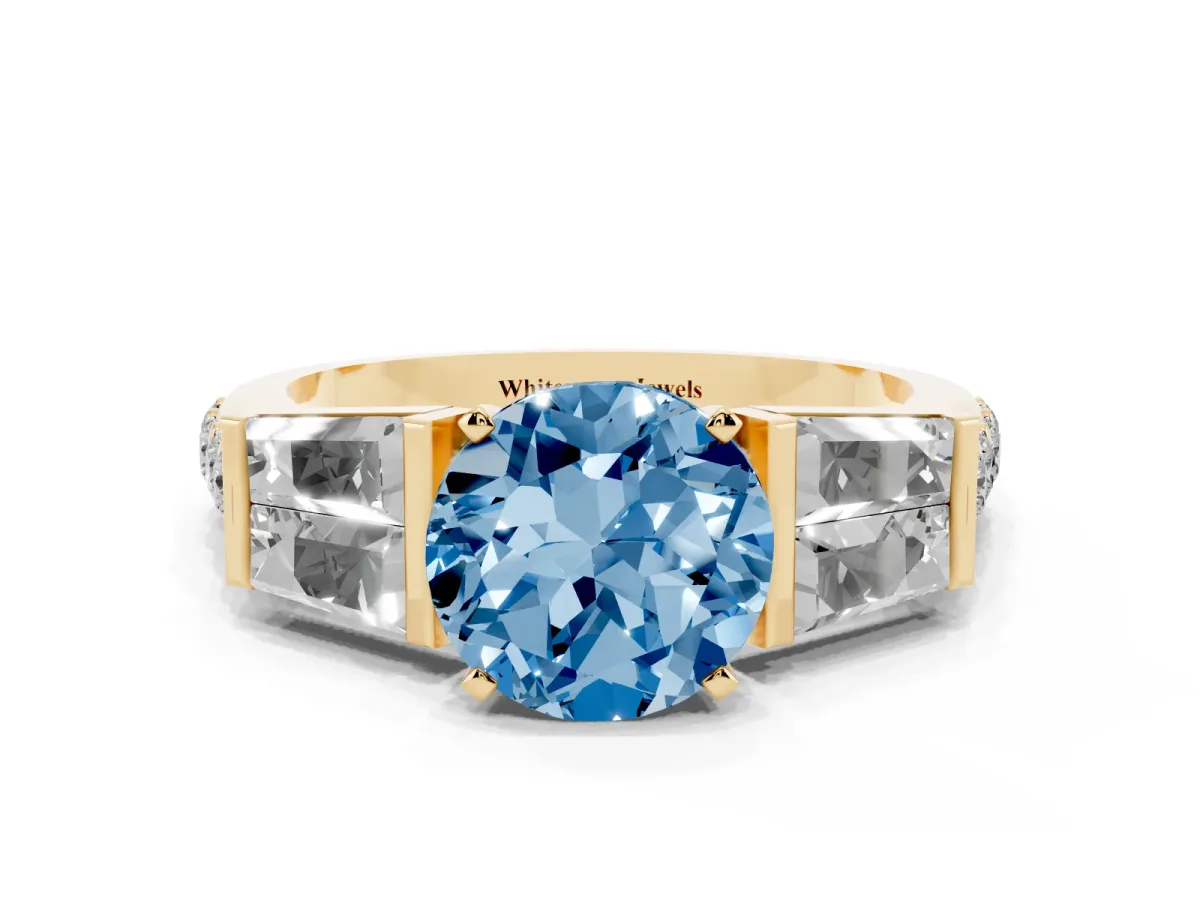 Fancy Blue Round Cut Diamond Engagement Ring with Baguette Side Stones and Channel Set Band Yellow gold
