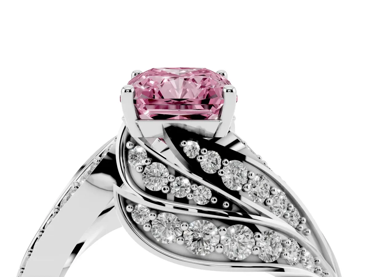 Fancy Pink Radiant Cut Diamond Solitaire Ring with Prong Setting and Twisted Pavé Band Platinum