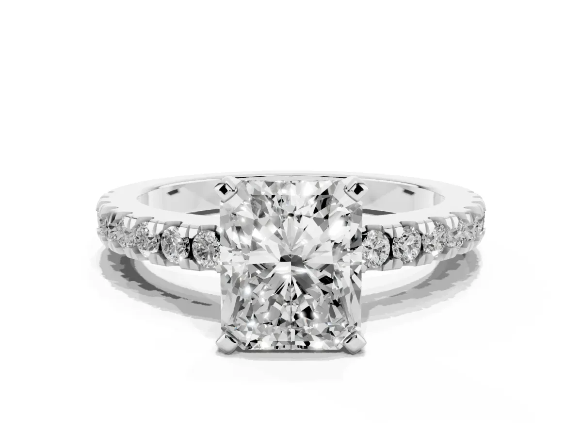 Radiant Cut Solitaire Diamond with Pavé Band and Four-Prong Setting Silver