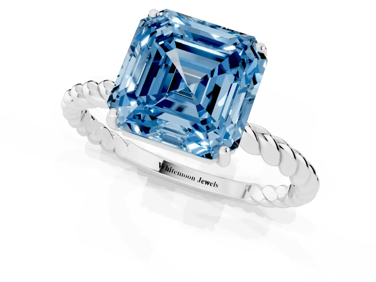 Fancy Blue Asscher Cut Solitaire Twist Band Ring with Four-Prong Setting Silver
