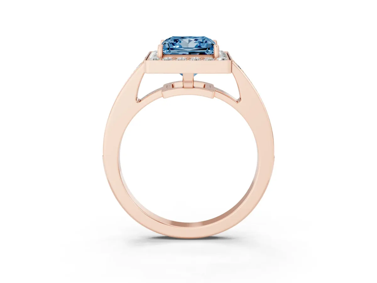 Fancy Blue Princess Cut Halo Pavé Diamond Engagement Ring with Bezel Setting Rose gold