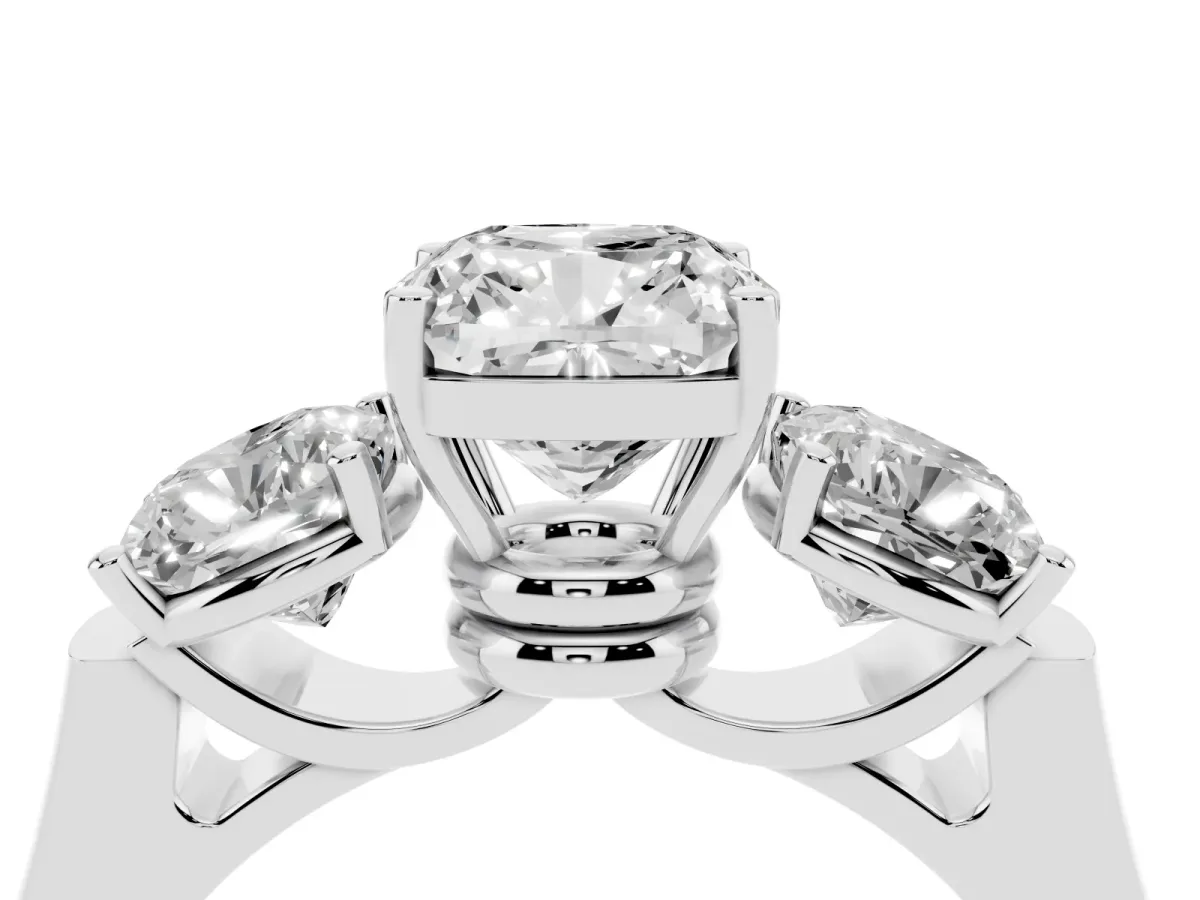 Three-Stone Cushion Cut Brilliant Diamond Trellis Ring with Comfort Fit Band White gold