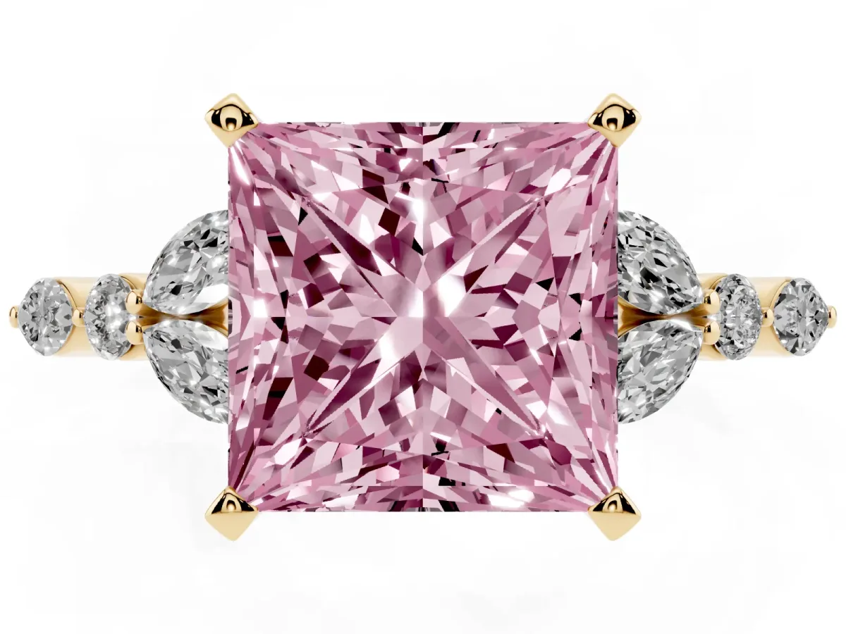 Fancy Pink Princess Cut Diamond Solitaire Ring with Side Stones and Four-Prong Setting Yellow gold