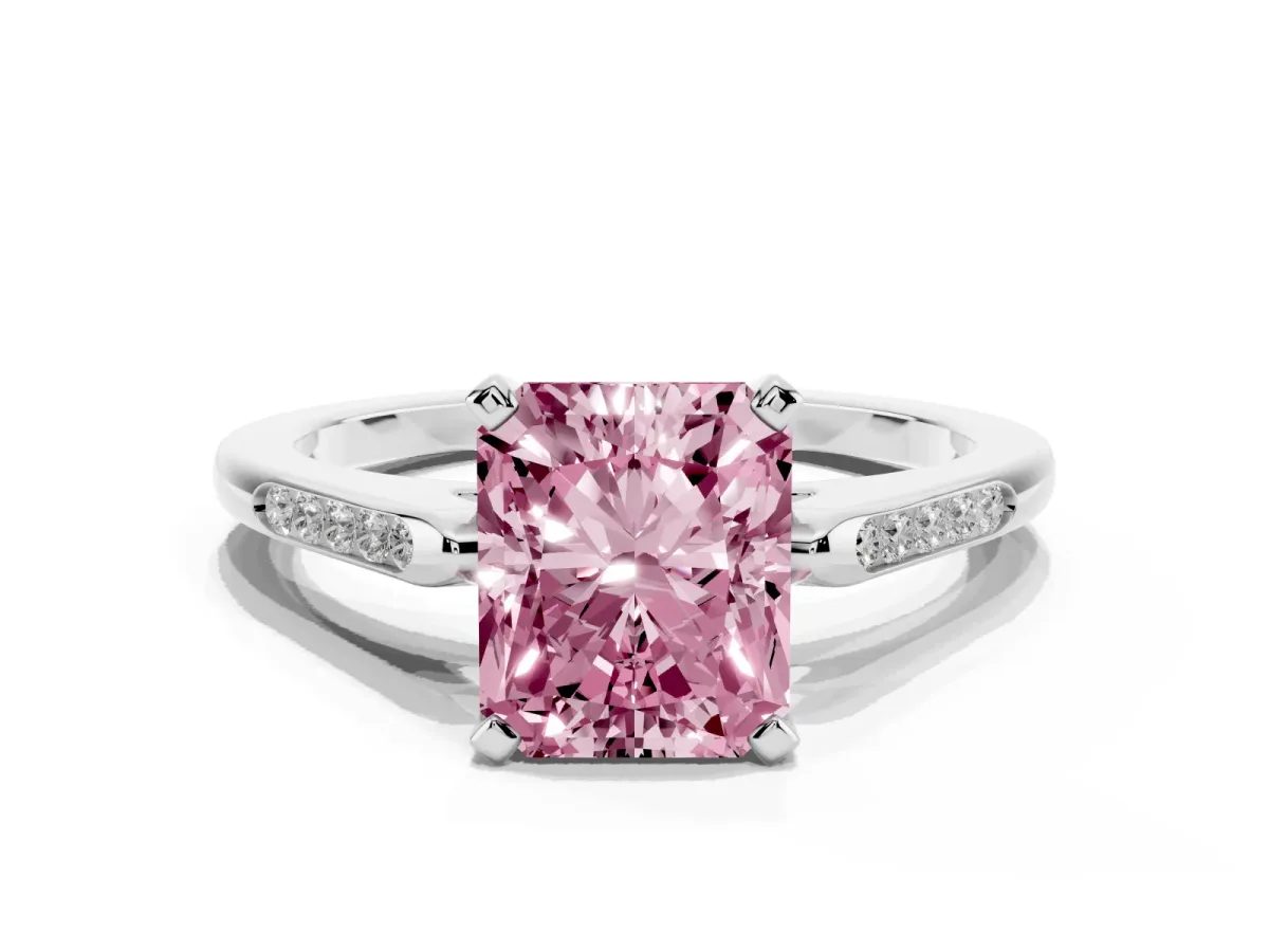 Fancy Pink Radiant Cut Diamond Solitaire Ring with Channel Set Round Band and Prong Setting Silver