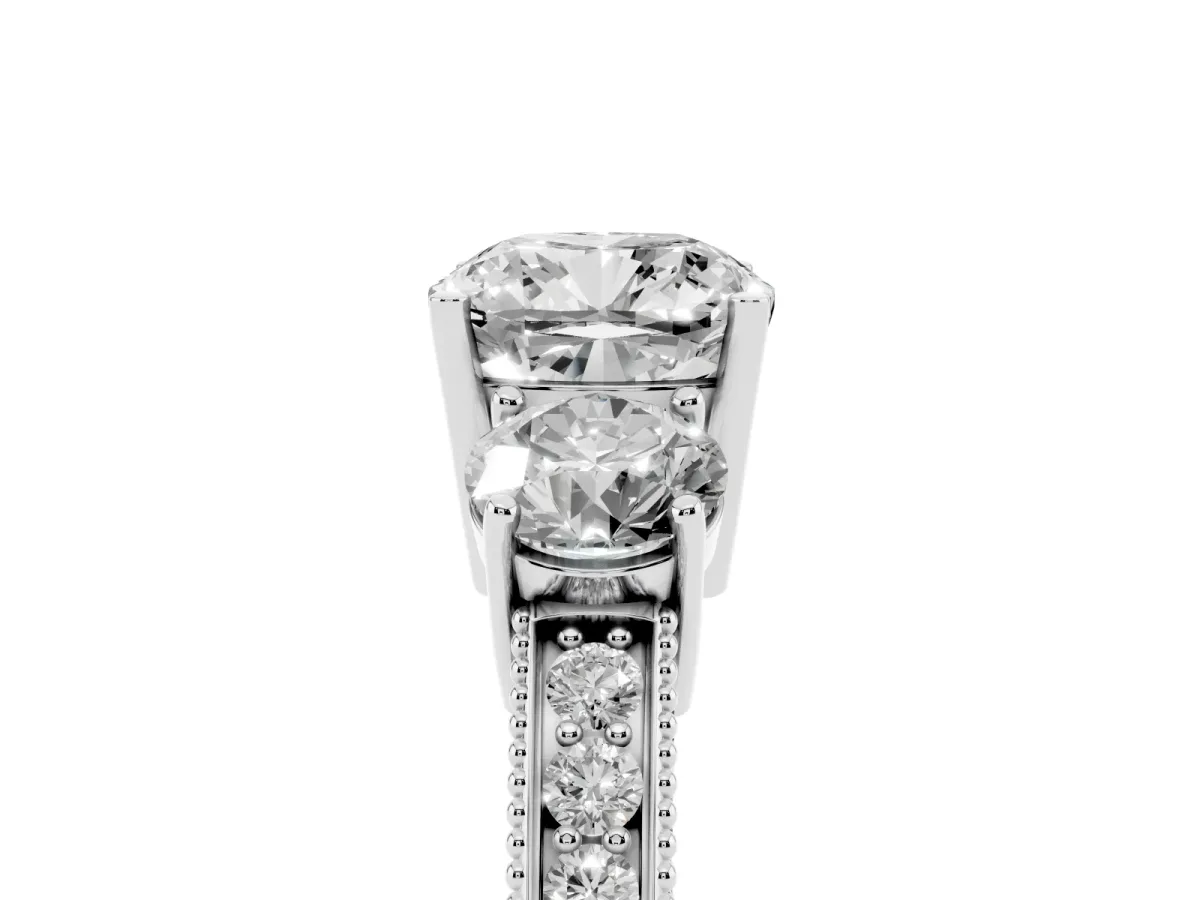 Cushion Cut Three-Stone Diamond Ring with Pavé Band and Four-Prong Setting Silver