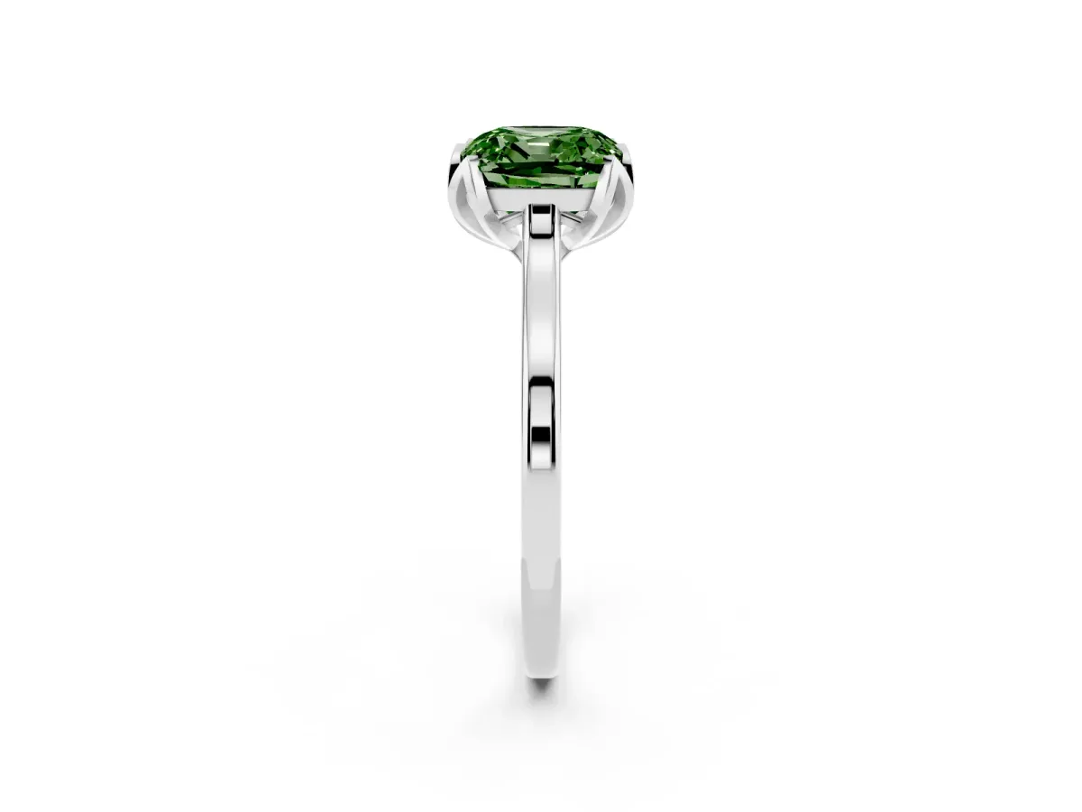 Fancy Green Cushion Cut Diamond Solitaire Ring with Flower Prong Setting and Classic Band Silver