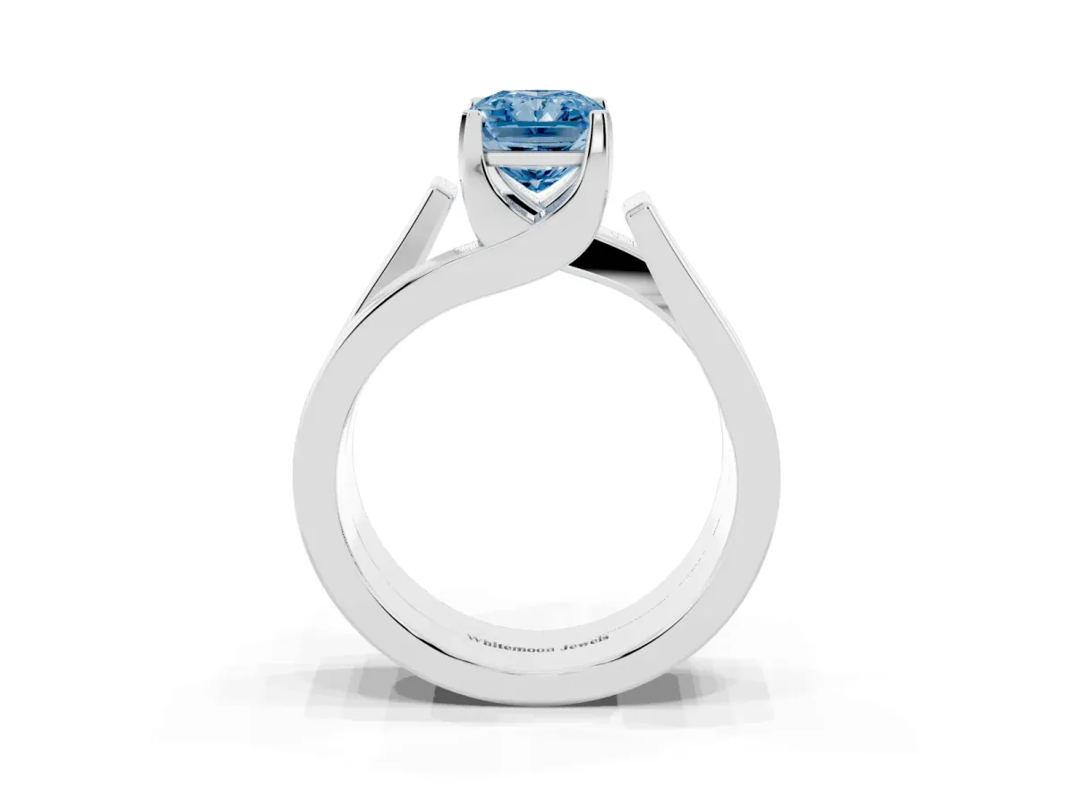 Fancy Blue Modern Tension Set Radiant Cut Diamond Solitaire Wide Band Ring Silver