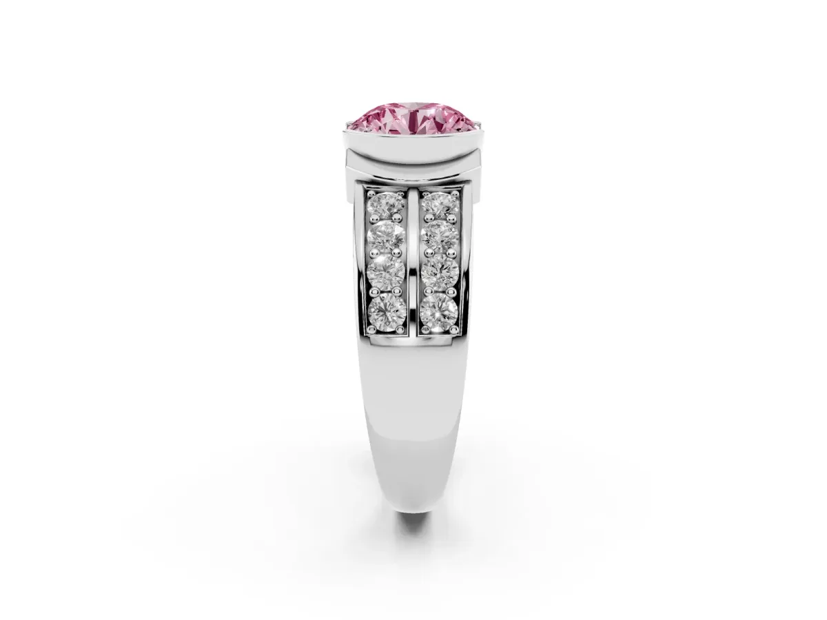 Fancy Pink Round Cut Brilliant Diamond Channel Set Wide Band Ring with Bezel Setting White gold