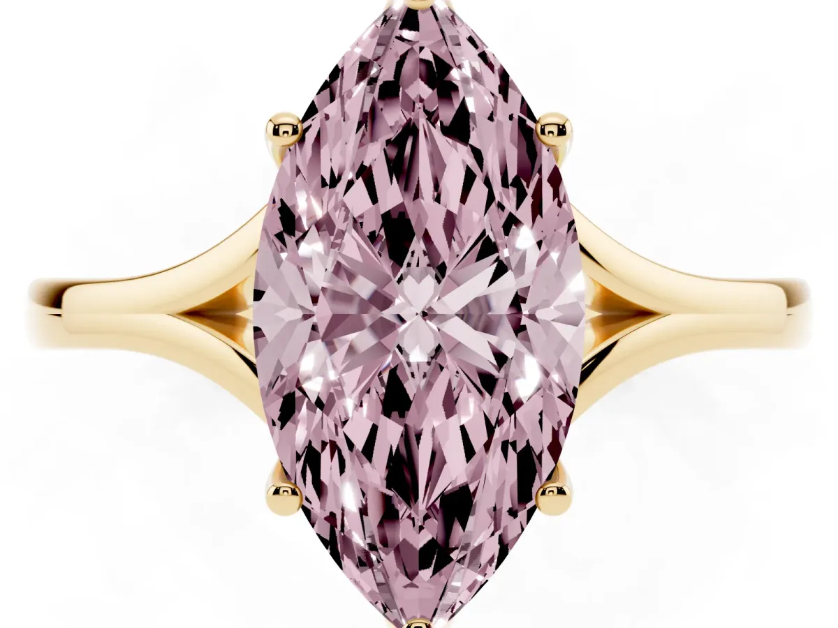 Fancy Pink Marquise Cut Solitaire Diamond Ring with Six-Prong Setting and Tapered Band Yellow gold
