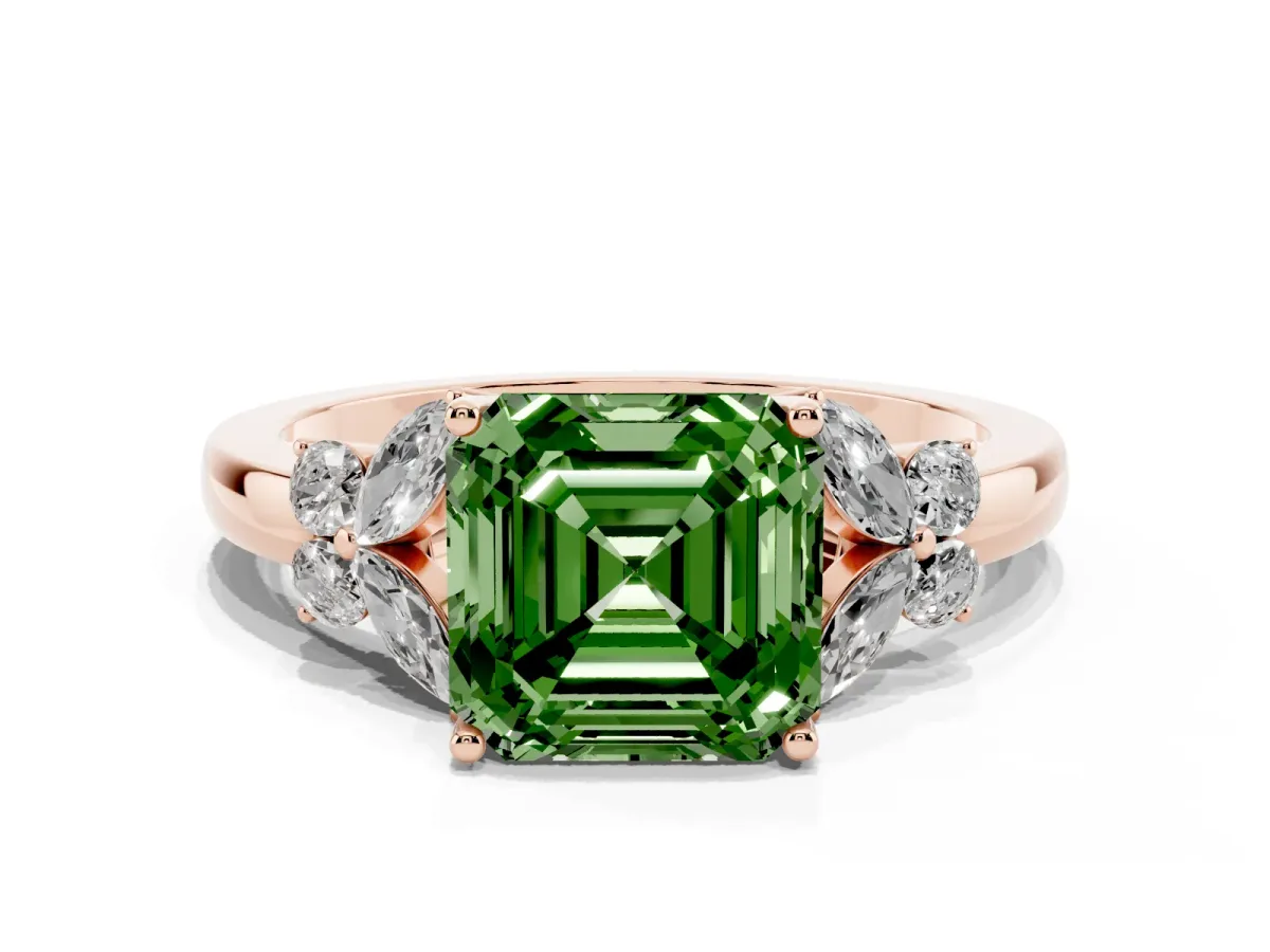Fancy Green Asscher Cut Cut Solitaire Floral Diamond Ring with Four-Prong Setting Rose gold