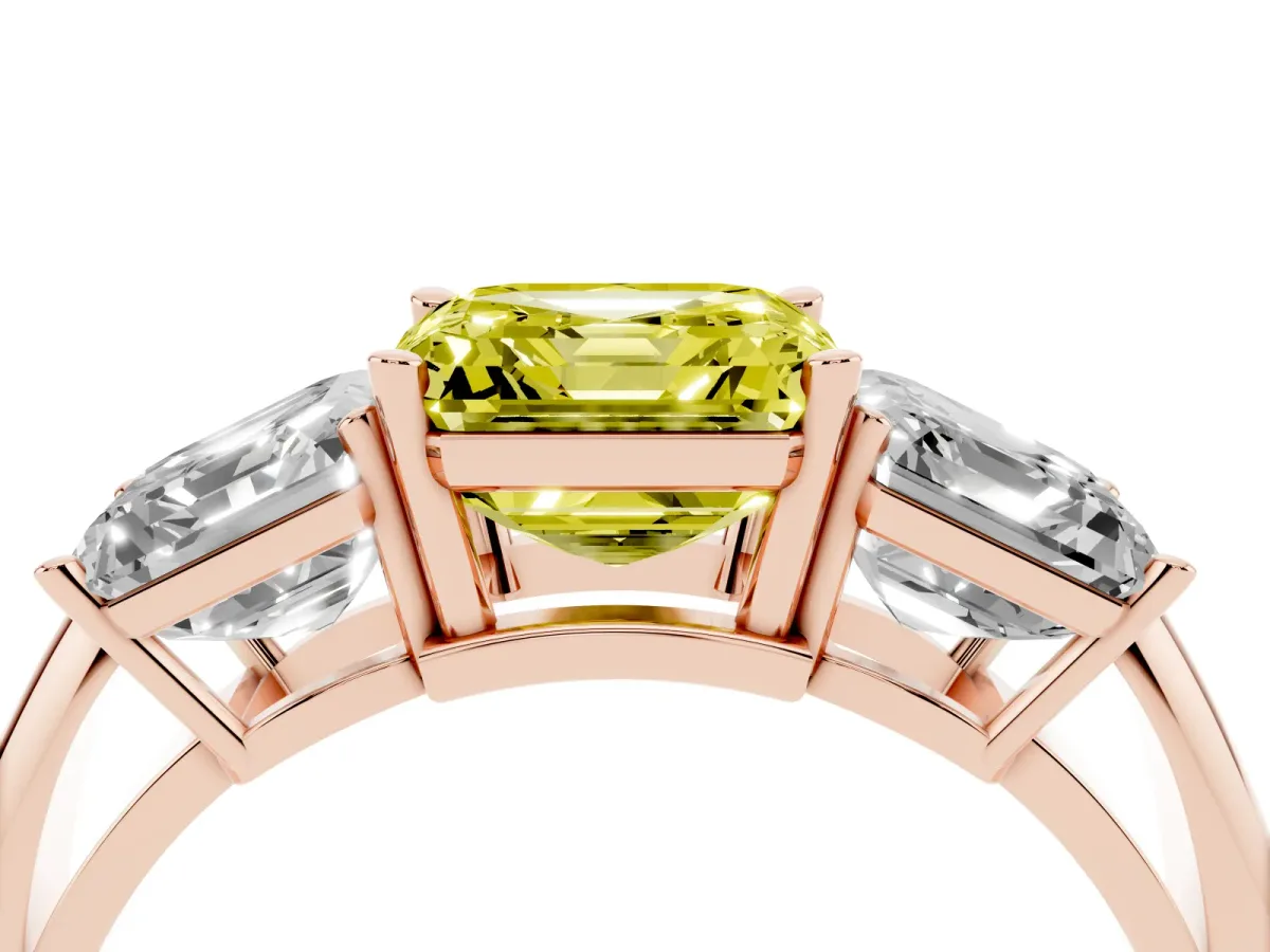 Fancy Yellow Three-Stone Asscher Cut Cut Diamond Engagement Ring with Prong Setting on a White Gold Band Rose gold