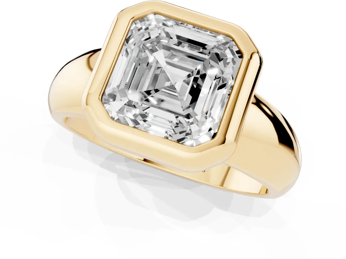 Bezel Set Asscher Cut Solitaire Ring with Wide Band Yellow gold