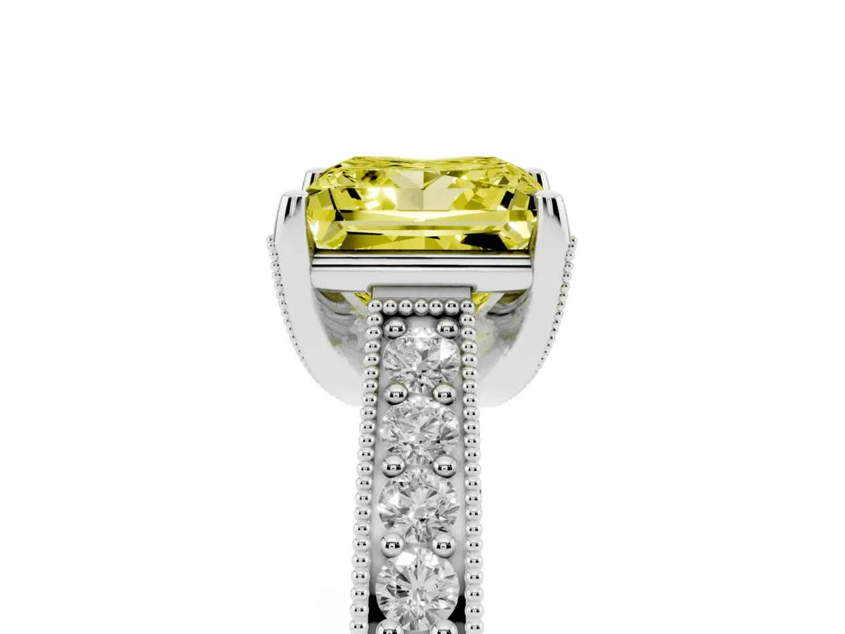 Fancy Yellow Princess Cut Cut Diamond Solitaire Ring with Milgrain Pave Band and Four Prong Setting Silver